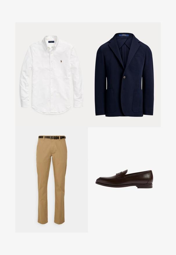 Marineblauer einreihiger Blazer mit Klappenschalkragen, zwei aufgesetzten Fronttaschen, einem Knopfverschluss und einer Brusttasche mit Paspel.; Weißes, langärmliges Hemd mit Knopfleiste und Kragen sowie kleinem, gesticktem Logo auf der linken Brust, flach auf einem einfarbigen Hintergrund liegend.; Beige Baumwollmischungshosen mit geradem Bein und einem dunkelbraunen Gürtel. Mit Fronttaschen und einem sauberen Saumabschluss.; Brauner Lederloafer mit gerundetem Zehenbereich, genähten Details und einem dezenten Bandakzent. Schlankes Profil mit flacher Gummisohle.