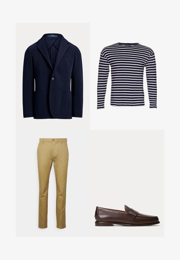 Marineblå enkeltknappet blazer med notch revers, to frontlaplommer, lukning med en knap og brystlomme.; Armor lux LOCTUDY MARINIÈRE - Langærmet T-shirt - navire/nature; Khaki chinos lavet af glat bomuld, med et klassisk lige ben-design, forlommer og en enkelt knaplukning i taljen.; Mørkebrune læder penny loafers med syningsdetaljer og lav stacket hæl, vist fra siden på en ensfarvet baggrund.