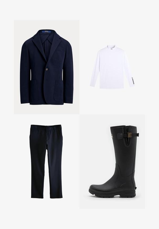 Marineblauer einreihiger Blazer mit Klappenschalkragen, zwei aufgesetzten Fronttaschen, einem Knopfverschluss und einer Brusttasche mit Paspel.; Weißes, langärmliges Sportshirt mit Stehkragen, schwarzem "J.LINDEBERG"-Schriftzug am rechten Ärmelsaum und kleinem Logo am Kragen.; Marineblaue Anzughose aus glattem Stoff mit taillierter Passform. Verfügt über seitliche Taschen und ein flaches Vorderdesign. Klassische gerade Beinform.; Barbour TEMPEST TALL WELLY - Gummistiefel - black