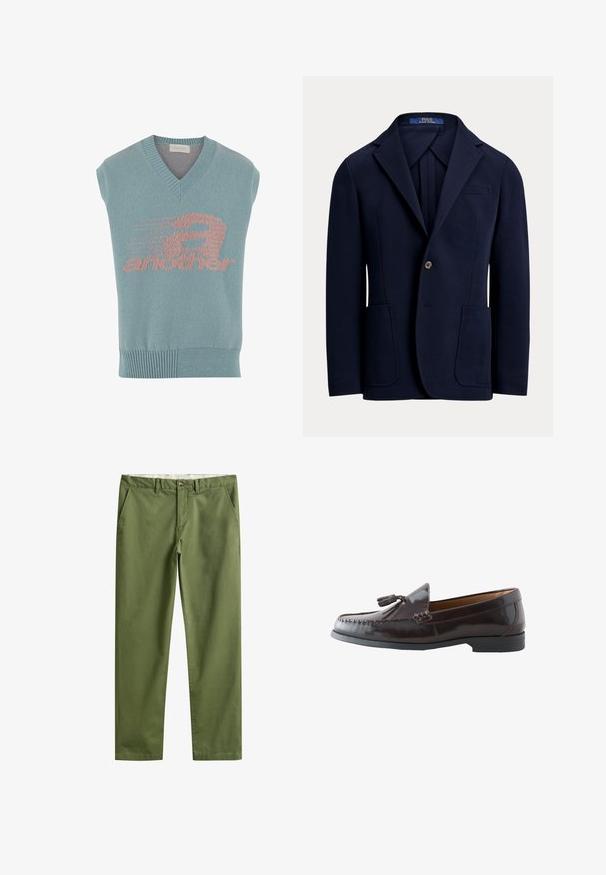 Polo Ralph Lauren POLO SOFT MODERN DOUBLE KNIT SUIT JACKET - Bleiserjakk - aviator navy; Heled sinine ilma varrukateta kudum vest V-kaelusega, millel on roosa graafiline kujundus sõnaga "veel" ja kiirusmotiiv. Ribitud äärega.; Oliivivärvi sirge lõikega püksid vööaasade, ees oleva nööbi, luku sulgemise ja küljetaskutega.; Läikiv tumepruun nahast tassliga loafer madala kontsaga, mokassiini stiilis õmbluste ja ümarate varbaga valgel taustal.