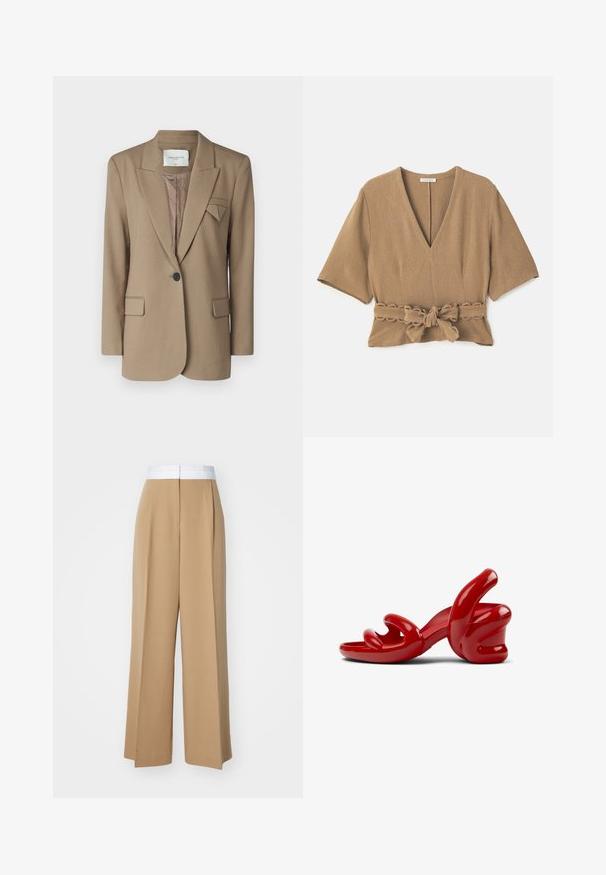 Blazer marrón con un diseño estructurado, cierre de un solo botón, dos bolsillos frontales y un acento triangular en la solapa. Tela texturizada.; Blusa marrón texturizada con un escote en V profundo, mangas cortas y un detalle de cinturón atado en la cintura, con un borde ondulado en el cinturón.; Pantalones de pierna ancha en una tela marrón claro con una banda blanca de contraste en la cintura. Presenta líneas limpias y sin patrones o adornos visibles.; Sandalias de tacón alto rojas con acabado brillante, que presentan formas de manos curvas y abstractas como tirantes y un tacón grueso para mayor estabilidad.