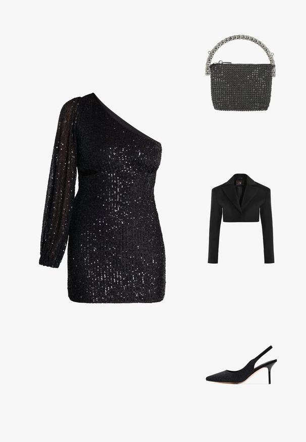 Korte zwarte blazer met lange mouwen, gespleten revers en een gestroomlijnde silhouet. Gemaakt van gladde stof met een nette afwerking. Van binnen voorzien van een label.; Zwart paillettenjurk met een schouderontwerp, lange aansluitende mouw en gestructureerd oppervlak. Figuerende silhouet met een lichte glans.; Zwarte slingback pump met een spitse neus, versierd met rhinestones. Heeft een elegant ontwerp, hoge stiletto hak en een gladde binnenvoering.; Zwarte mesh clutch met zilverkleurige ritssluiting en een handvat versierd met grote, heldere ronde kristallen.