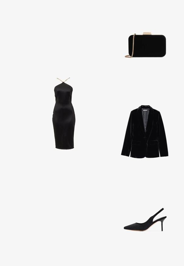 Sort fløjlsjakke med en glat tekstur, notched revers, enkelt knaplukning og to forlommer, præsenteret mod en hvid baggrund.; Sort satin bodycon-kjole med halterneck-design. Har en figursyet silhuet og en diskret glans. Tynde gyldne stropper fremhæver udskæringen.; Sort slingback pumpe med spids tå, prydet med rhinsten. Har et strømlinet design, høj stilettosandalhæl og en glat indvendig foring.; Sort velour clutch med guldfarvede detaljer, rektangulær form og kædestrop, der har en glat tekstur og ingen synlige mønstre.