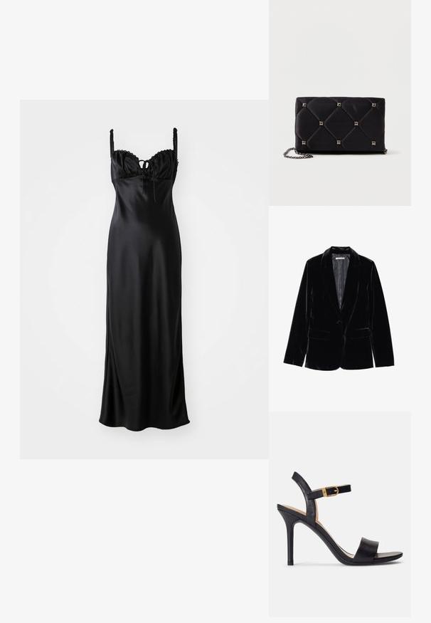 Schwarzer Samtblazer mit glatter Textur, mit Reverskragen, Ein-Knopf-Verschluss und zwei Fronttaschen, vor einem weißen Hintergrund präsentiert.; Schwarzes Satin-Maxikleid mit einem taillierten Oberteil, gewelltem Spitzenbesatz, verstellbaren Spaghetti-Trägern und einer Frontbindedetail.; Schwarze Sandalen mit hohen Absätzen und glattem Leder-Obermaterial, offene Zehenpartie und einem Design mit einem einzigen Riemen, verziert mit einer goldenen Schnalle.; Schwarze, gesteppten Satin-Clutch mit silbernen Pyramidennieten, Kettenriemen, rechteckiger Form und glatter Oberfläche. Maße: 10 cm x 18 cm x 4 cm.