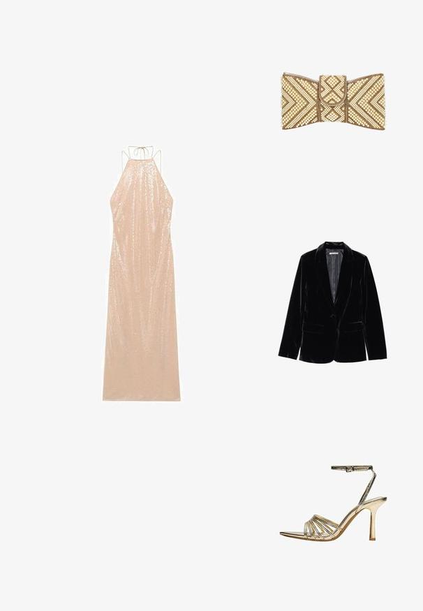Čierny velvetový blazer s hladkou textúrou, so zúženými klopami, jedným gombíkom na zapínanie a dvoma prednými vreckami, vystavený na bielom pozadí.; Dlhé, bezrukávové šaty v svetlej béžovej farbe s halter krkom a viazaním na chrbte. Pokryté flitrami, s voľnou siluetou a hladkou textúrou.; Zlatá sandále na vysokom opätku s tenkými remienkami, prackou na členku, otvorenou špičkou a štíhlym ihličkovým opätkom na bielom pozadí.; Kabelka clutch v tvare mašle, zdobená zlatými korálkami a krémovými perlami v geometrických vzoroch na bielom pozadí.