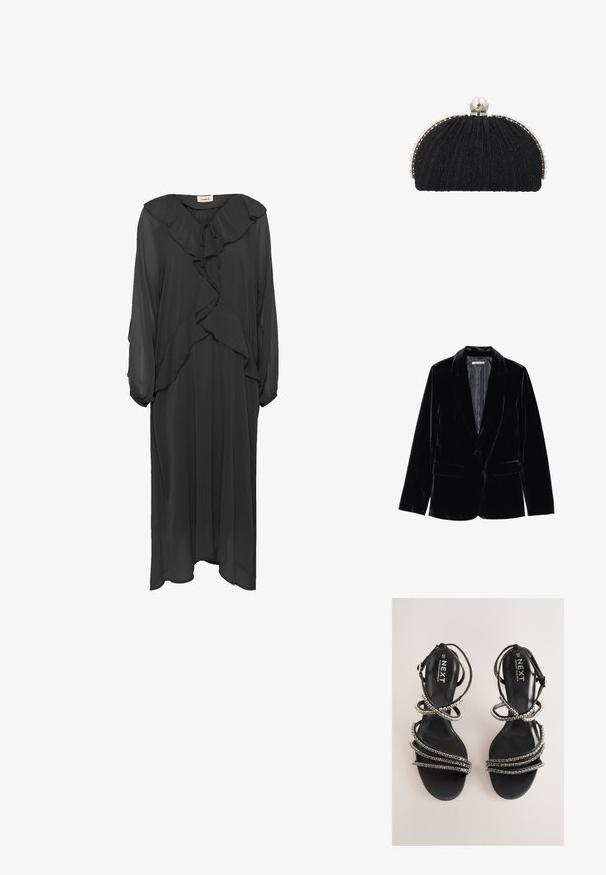 Sort fløjlsjakke med en glat tekstur, notched revers, enkelt knaplukning og to forlommer, præsenteret mod en hvid baggrund.; Soaked in Luxury SLMaxi - Maxikjoler - black; Sorte remsandaler med metalliske accenter. Har en glat, tekstureret sål og flere pyntede remme, der skaber et lagdelt udseende.; Sort aftenclutch med tekstureret stof, indrammet af en række små perler og en stor perle-lukning på toppen.