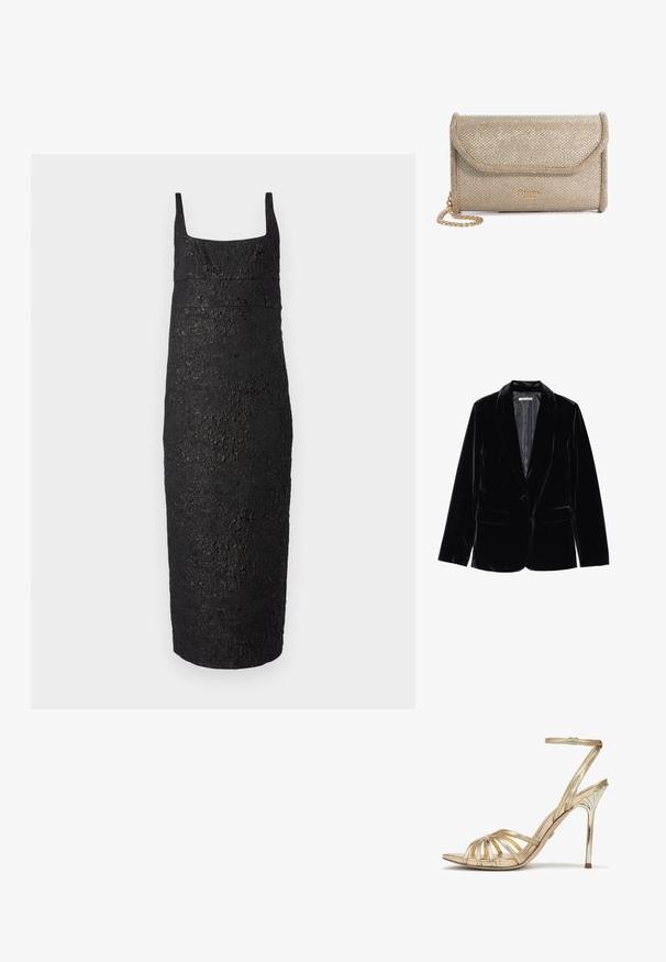 Zwarte fluwelen blazer met een gladde textuur, notch-lapels, sluiting met één knop en twee voorkruipzakken, weergegeven tegen een witte achtergrond.; Zwart mouwloos jurkje met een vierkante halslijn, getailleerde pasvorm, textuur zoals schors, en een jurk die tot de knie reikt.; Gouden sandaal met hoge hak en meerdere metalen bandjes, enkelbandje en een slanke stilettohak met een decoratief patroon. Gladde textuur.; Gouden clutch met een textuur oppervlak, voorzien van een klepafsluiting, een kettinghengsel en een logo dat op de voorkant is geperst.