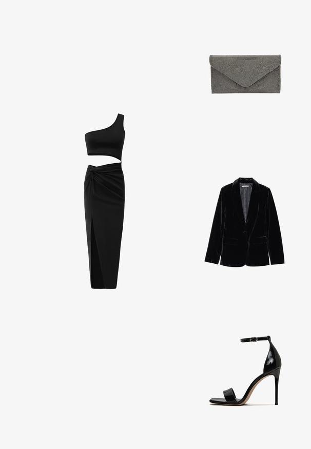 Blazer de terciopelo negro con una textura suave, solapas con muesca, cierre de un solo botón y dos bolsillos frontales, exhibido sobre un fondo blanco.; Conjunto negro de dos piezas que incluye un top corto de un solo hombro y una falda de cintura alta con un detalle retorcido y una abertura lateral. Tejido suave.; Sandal de charol negro con tacón alto, punta abierta, correa en el tobillo y un acabado brillante y elegante. Presenta un tacón de stiletto delgado.; Pañuelo negro con un patrón texturizado de tachuelas y cierre tipo sobre, que presenta una forma rectangular elegante y sin herrajes visibles.