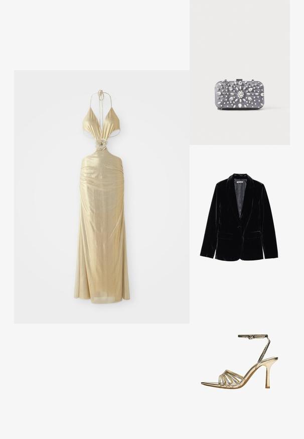 Blazer en velours noir avec une texture lisse, revers cranté, fermeture à un bouton et deux poches avant, présenté sur un fond blanc.; Robe halter dorée métallique avec un décolleté plongeant, une texture froncée et un détail de nœud floral à la taille, se terminant par une longue jupe.; Sandale à talons hauts dorée avec brides, boucle à la cheville, bout ouvert et talon aiguillé fin sur fond blanc.; Petit sac pochette rectangulaire gris foncé orné de strass clairs disposés en motif rayonnant, avec une bandoulière chaîne argentée.