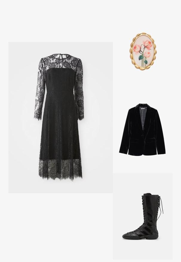 Čierny velvetový blazer s hladkou textúrou, so zúženými klopami, jedným gombíkom na zapínanie a dvoma prednými vreckami, vystavený na bielom pozadí.; Čierne čipkové šaty s dlhými rukávmi, priliehavým korzetom a podšitou kvetinovou vzorom. Polovičná dĺžka so zubkovým lemom a detailom v tvare kľučky na chrbte.; Čierne vysoké topánky vyrobené z lesklého syntetického materiálu, s rafinovaným viazaním a diagonálnymi pruhovými akcentmi po stranách.; Oválne brošňa so zlatým okrajom vlnkovaného vzhľadu, ktorá obsahuje kvetinový vzor ružových ruží na svetlom pozadí. Hladký povrch a podrobné grafiky.