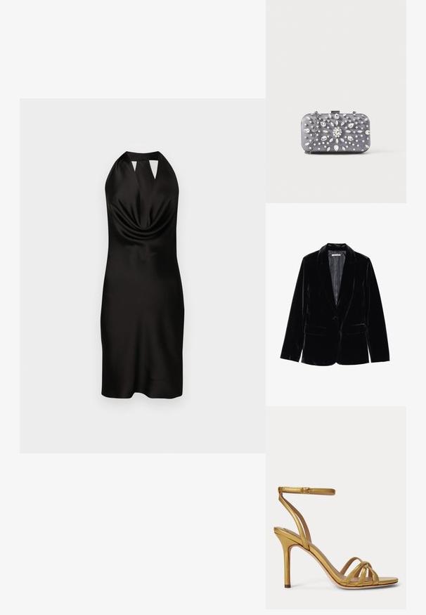 Zwarte fluwelen blazer met een gladde textuur, notch-lapels, sluiting met één knop en twee voorkruipzakken, weergegeven tegen een witte achtergrond.; Zwart satijnen halternekjurk met een gedrapeerde voorkant, een getailleerd silhouet en een uitsnijding bij de halslijn, die tot halverwege het bovenbeen reikt.; Gouden sandaal met hoge hak, dunne enkelriem en drie voorste bandjes over de tenen op een effen achtergrond.; Kleine rechthoekige donkergrijze clutch versierd met heldere strass-steentjes in een uitstralend patroon en een zilveren kettingband.