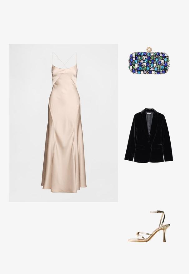 Sort fløjlsjakke med en glat tekstur, notched revers, enkelt knaplukning og to forlommer, præsenteret mod en hvid baggrund.; Beige aftenkjole i satin med spaghettistropper, der har en tætsiddende overdel, draperet silhuet og en udvidet kant. Glat tekstur med en diskret glans.; Guldmetallic højhælet sandal med tynde krydsede stropper, ankelspænde og en lille dekorativ rund detalje nær tæerne.; Lille rektangulær clutchtaske dekoreret med flerfarvede blå, grønne, hvide og lilla ædelstene og en rund perle-lukning.