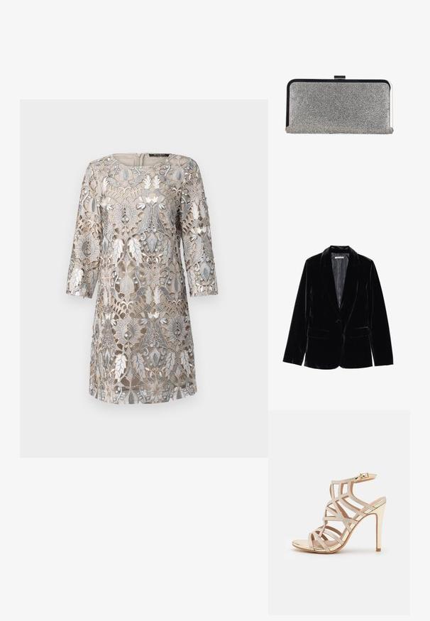 Blazer en velours noir avec une texture lisse, revers cranté, fermeture à un bouton et deux poches avant, présenté sur un fond blanc.; Robe beige avec une délicate superposition de dentelle florale argentée, manches trois-quarts, encolure ronde et fermeture éclair au dos. Détails de design texturé.; Sandale à talons hauts en métal doré avec des brides nude ornées de strass. Elle dispose d'une fermeture à boucle et d'un design à bout ouvert.; Pochette rectangulaire argentée couverte de petits strass avec un cadre en métal noir et argenté et une fermeture à clip.