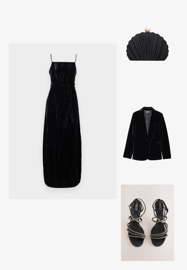 Zwarte fluwelen blazer met een gladde textuur, notch-lapels, sluiting met één knop en twee voorkruipzakken, weergegeven tegen een witte achtergrond.; Zwarte fluwelen maxi-jurk met spaghetti-bandjes, een aansluitend lijfje en een bijpassende strikceintuur op de taille. Gemêleerde stof met een lichte glans.; Zwarte sandalen met bandjes en metalen accenten. Voorzien van een gladde, gestructureerde voetbed en meerdere versierde bandjes die een gelaagde uitstraling creëren.; Zwarte clutch in schelpvorm met geplooide textuur en gouden sluiting gedrukt met twee pareldecoraties.