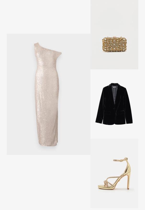Zwarte fluwelen blazer met een gladde textuur, notch-lapels, sluiting met één knop en twee voorkruipzakken, weergegeven tegen een witte achtergrond.; Knie-lange, one-shoulder jurk in lichtbeige met een getailleerd silhouet, voorzien van een paillettenstructuur en een slanke, rechte ontwerp.; Buffalo PEPPER GLAM - Sandalen met plateauzool - gold; Gouden clutch met intrikate kraal- en strasstenen versieringen. Rechthoekige vorm, sluiting met clasp en een afneembare schouderriem.