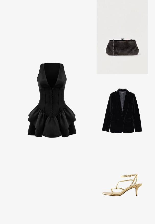 Zwarte fluwelen blazer met een gladde textuur, notch-lapels, sluiting met één knop en twee voorkruipzakken, weergegeven tegen een witte achtergrond.; OW Collection AUGUSTA - Jerseyjurk - black; Gouden sandalen met bandjes, hoge hak en een dunne enkelriem met gesp, met een slanke middenhoge hak op een witte achtergrond.; Zwarte mesh clutchbag met een gestructureerde silhouette, versierd met kleine metalen studs, heeft een sluiting met een klapmechanisme en een afneembare kettingriem.