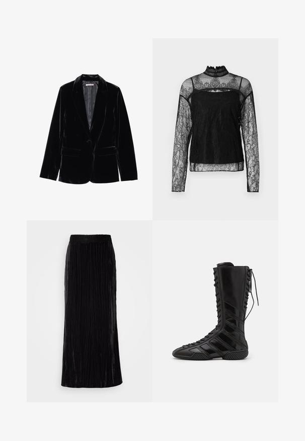 Blazer en velours noir avec une texture lisse, revers cranté, fermeture à un bouton et deux poches avant, présenté sur un fond blanc.; Haut en dentelle noir à manches longues avec col haut, motif floral complexe, tissu transparent et panneau solide sur la zone de la poitrine.; Jupe maxi en velours noir avec des plis verticaux et une ceinture en dentelle sculptée. Le tissu a une apparence douce et texturée.; Bottes montantes noires en matériau synthétique brillant, présentant un design de laçage sophistiqué et des accents de rayures diagonales sur les côtés.