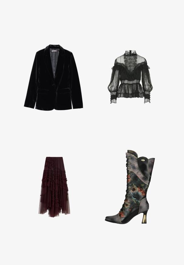 Blazer en velours noir avec une texture lisse, revers cranté, fermeture à un bouton et deux poches avant, présenté sur un fond blanc.; Luisa Spagnoli Lauco- Blouse - Fashion Show - Blouse - nero; Jupon en tulle bordeaux avec des couches volantes, une taille élastique et des longueurs variées, offrant une texture douce et légère.; Botte noire en cuir femme à talon haut avec lacets, motifs floraux en relief et imprimé floral multicolore sur la tige et le pied.