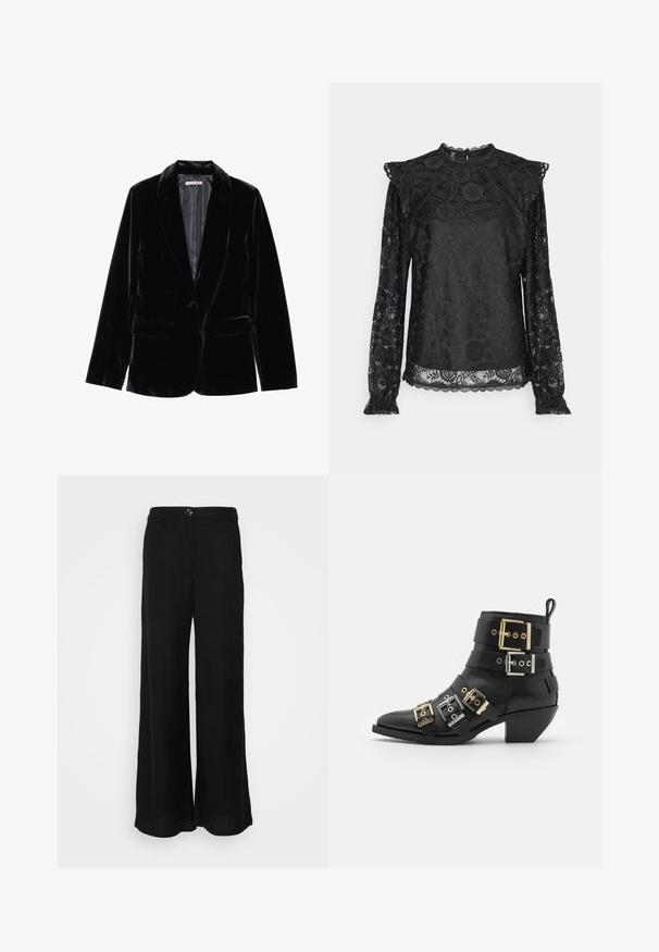 Blazer de terciopelo negro con una textura suave, solapas con muesca, cierre de un solo botón y dos bolsillos frontales, exhibido sobre un fondo blanco.; PIECES Tall PCOLLINE - Blusa - black; Pantalones de pierna ancha negros hechos de una tela ligera, con una textura suave, cierre de botón en la parte delantera y bolsillos laterales.; Botín negro de cuero hasta el tobillo con punta afilada, con múltiples correas adornadas con hebillas doradas y plateadas. Diseño de tacón cuadrado.