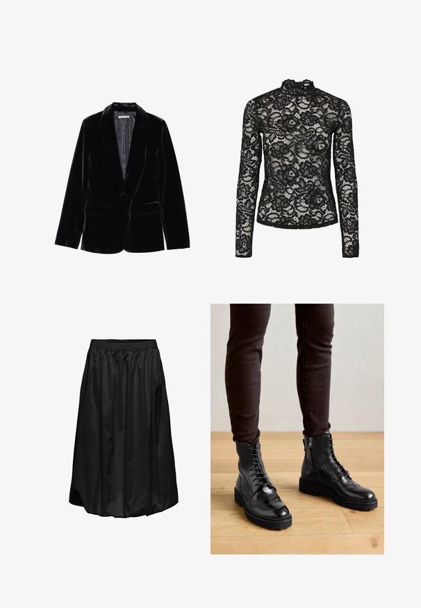 Blazer en velours noir avec une texture lisse, revers cranté, fermeture à un bouton et deux poches avant, présenté sur un fond blanc.; Haut en dentelle noire à manches longues avec col haut agrémenté d'une bordure à volants, motifs floraux et texture transparente. Conçu pour un ajustement près du corps.; Jupe noire en tissu léger. Taille élastique avec texture froncée, longueur genoux, surface lisse, sans motifs ni accents supplémentaires.; Bottines en cuir noir avec des détails de brogue, un laçage à l'avant, des fermetures éclair sur les côtés et des semelles en caoutchouc texturé. Associées à un pantalon slim noir.