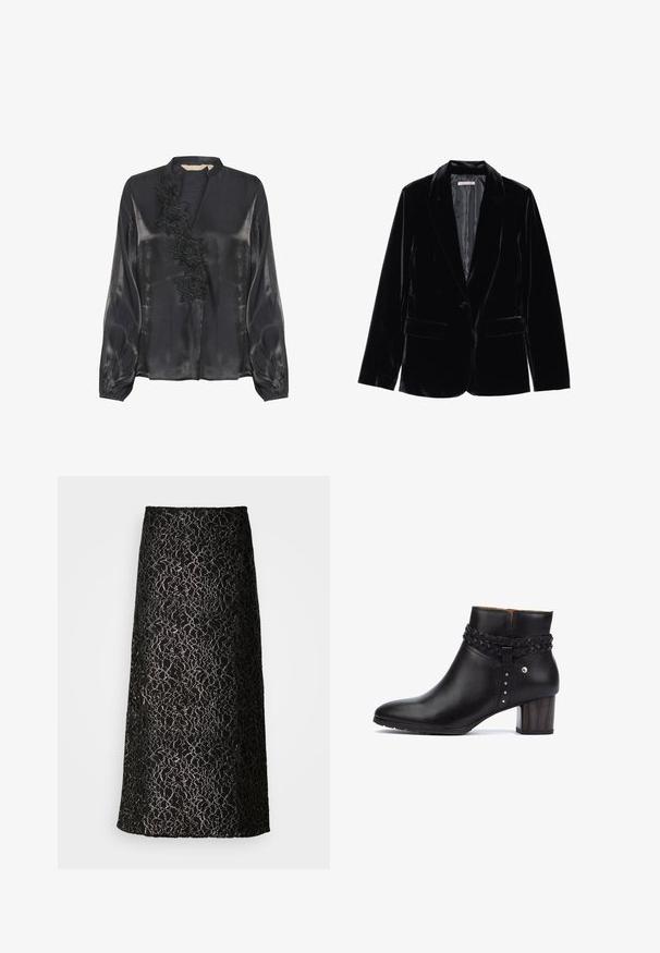 Čierny velvetový blazer s hladkou textúrou, so zúženými klopami, jedným gombíkom na zapínanie a dvoma prednými vreckami, vystavený na bielom pozadí.; Culture CUFIOLA - Blúzka - black; Čierna maxi sukňa z čipky s kvetinovým vzorom a textúrovaným dizajnom, s rovnou siluetou a hladkou vnútornou podšívkou.; Pikolinos CALAFAT - Členkové čižmy - black