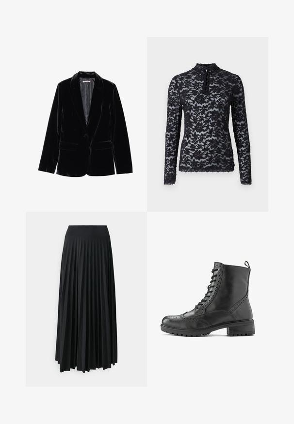 Zwarte fluwelen blazer met een gladde textuur, notch-lapels, sluiting met één knop en twee voorkruipzakken, weergegeven tegen een witte achtergrond.; Rosemunde Longsleeve - black; Plisséd zwarte maxi-rok met een brede elastische tailleband. Gemaakt van zachte, vloeiende stof, met verticale plooien voor extra textuur.; Zwarte leren enkellaars met brogue details, vetersluiting, robuuste zool en een lusje bij de hiel voor gemakkelijk aan- en uittrekken.