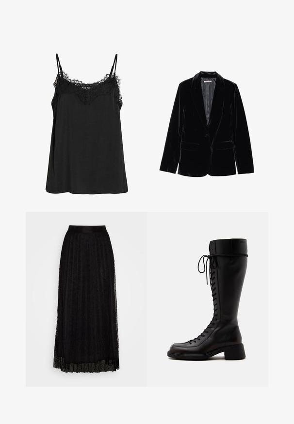 Blazer en velours noir avec une texture lisse, revers cranté, fermeture à un bouton et deux poches avant, présenté sur un fond blanc.; Camisole noire à bretelles ajustables, dotée d'une bordure en dentelle au niveau de l'encolure. Fabriquée en tissu doux avec une coupe ample et sans motifs visibles.; Jupe maxi noire en dentelle avec un motif texturé, dotée d'une taille lisse et d'un design superposé et fluide.; Grande botte noire en cuir à lacets avec un petit talon bloc et un bout arrondi vue de côté sur fond blanc.