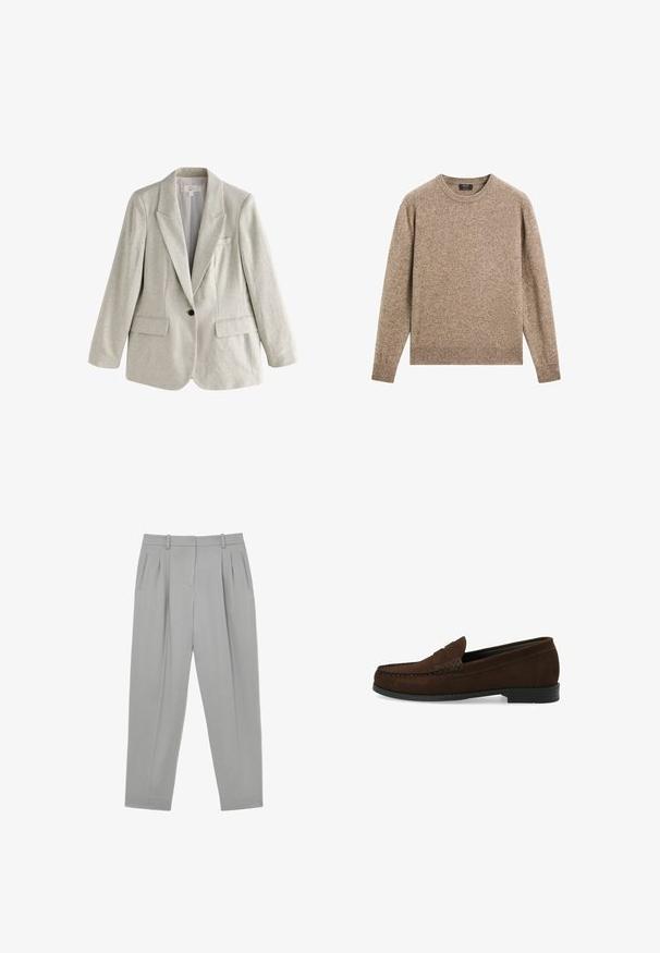 Lichtbeige linnen blazer met één knoop, met inkeping revers, twee voorflapzakken en een borstzak, afgebeeld op een witte achtergrond.; Bruine crewneck trui met lange mouwen en ribgebreide manchetten en zoom, uitgespeeld tegen een witte achtergrond.; Lichtgrijze op maat gemaakte broek met voorplooien, zijzakken met een split, riemlussen en een rechte pijp.; Bruine suède instapschoenen met een gestikt moccasin-neus, platte zwarte rubberen zool en een decoratieve bovenband en detail.