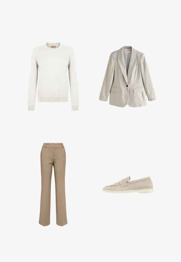 Lyse beige hørblazer med enkelt knap, notch-lapel, to frontlommer med klap og en brystlomme, vist på hvid baggrund.; Lys grå sweater lavet af blødt strikstof, med rund hals og lange ærmer, samt ribbede manchetter og kant for ekstra tekstur.; Beige bukser med lige ben, bæltestropper og lynlås foran, vist på hvid baggrund.; Lys beige suede loafers med en lav hvid sål, afrundet tå og en syet rem henover toppen.