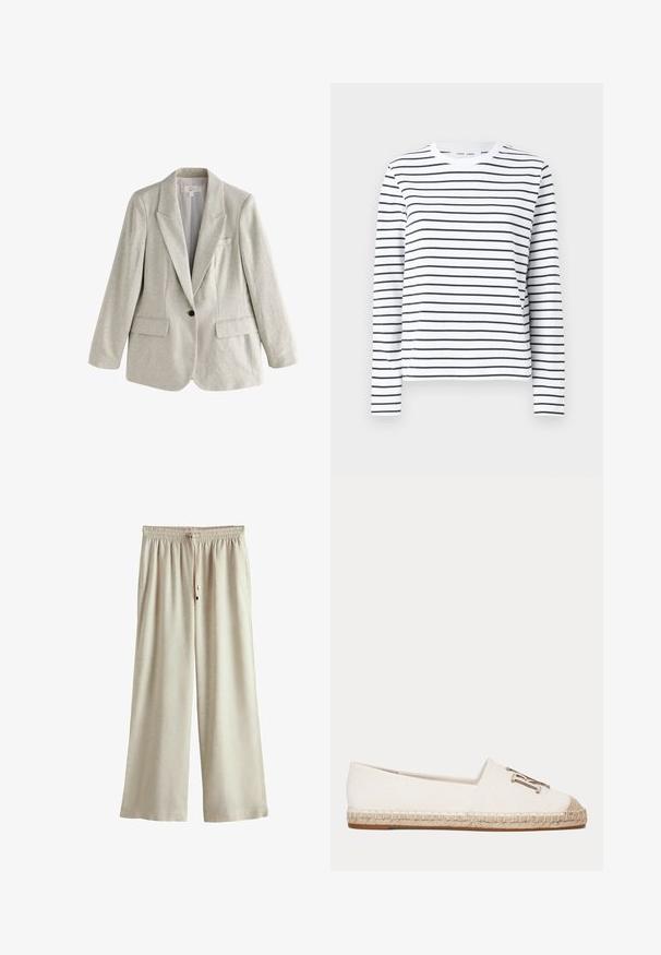 Lyse beige hørblazer med enkelt knap, notch-lapel, to frontlommer med klap og en brystlomme, vist på hvid baggrund.; Langærmet skjorte i hvid bomuld med sorte horisontale striber. Har en rund halsudskæring og en afslappet pasform. Ingen bemærkelsesværdige accenter eller mønstre.; Beige bukser med brede ben, elastik i taljen og snor, lavet af let stof, der giver en afslappet pasform.; Hvid lærreds espadrille sko med flettet jutebund og metallisk dekorativt emblem foran.
