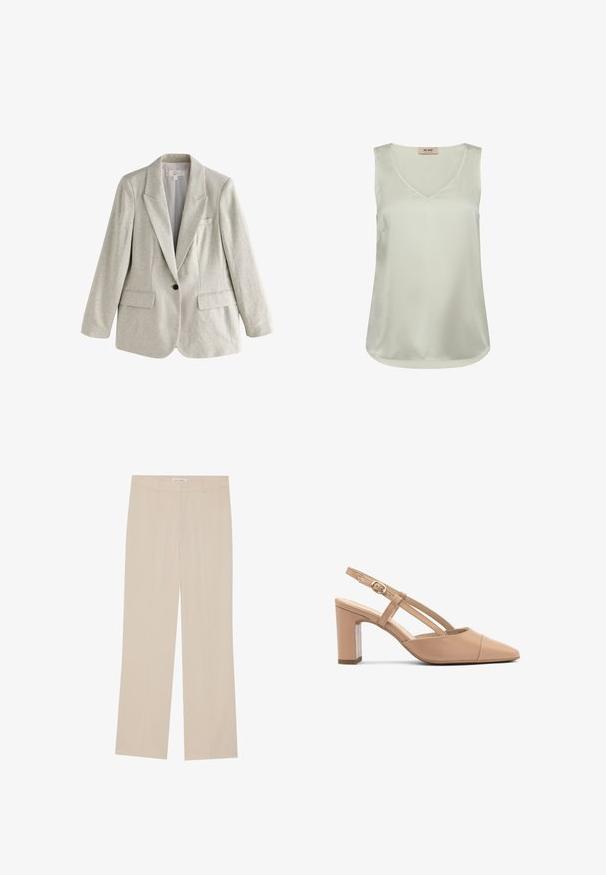 Blazer de lino beige claro con un solo botón, solapas con muesca, dos bolsillos delanteros con solapa y un bolsillo de ojal en el pecho, mostrado sobre un fondo blanco.; Blusa sin mangas de satén color beige claro con escote en V y dobladillo redondeado, con una pequeña etiqueta en la parte posterior del cuello interior.; Pantalones de pierna ancha beige con una textura suave, que presentan un corte entallado, dos bolsillos frontales y un sutil detalle de pliegue a lo largo de las piernas.; Tacones de slingback de cuero beige con punta afilada, tacón cuadrado y correa con un pequeño hebilla dorada. Textura suave, diseño minimalista.