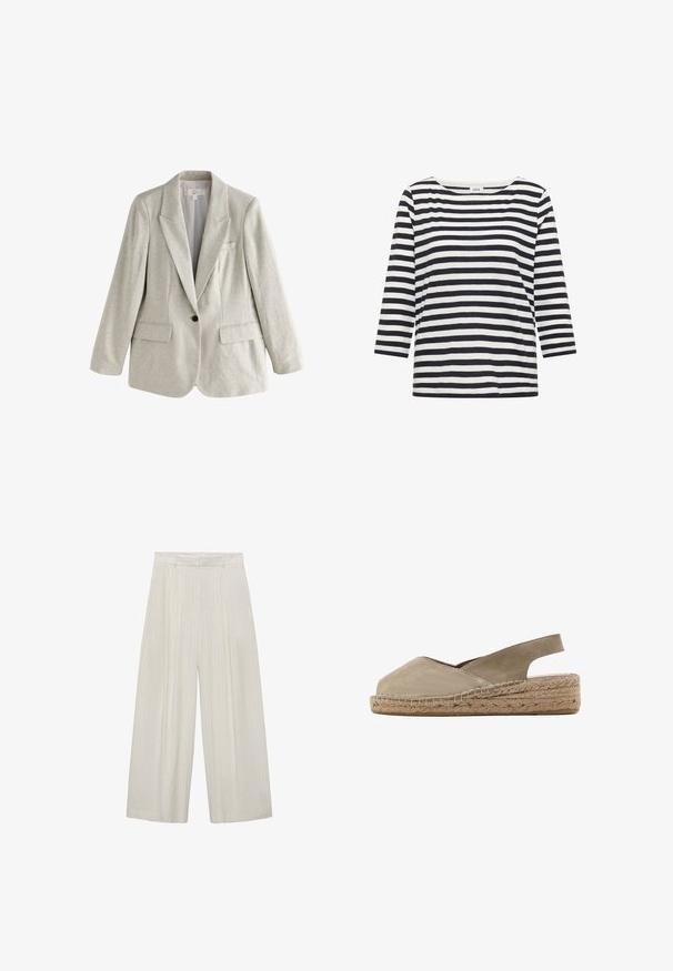 Lyse beige hørblazer med enkelt knap, notch-lapel, to frontlommer med klap og en brystlomme, vist på hvid baggrund.; Sort-hvidt langærmet trøje med vandrette striber og rund halsudskæring med et mærke, der står "Cecil" ved kraven.; Bredde bukser i lys beige med lodrette hvide striber. Har høj talje, plisseret front og glat tekstur.; Beige ruskind espadrille sandal med åben hæl, lukket tå, flettet jute-platformsål og slingback-rem.