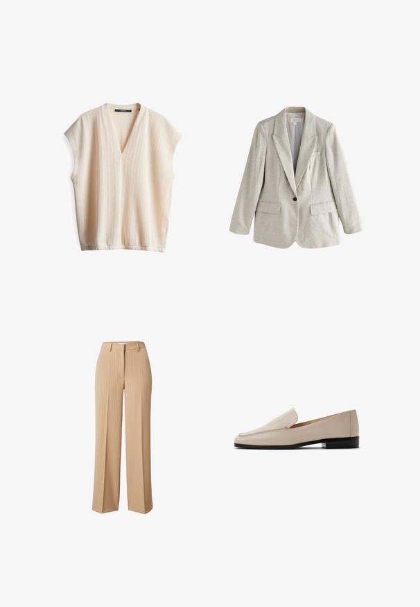 Lichtbeige linnen blazer met één knoop, met inkeping revers, twee voorflapzakken en een borstzak, afgebeeld op een witte achtergrond.; Licht beige kortemouw shirt met een V-hals, met een gestructureerde stof en subtiele verticale strepen. Zacht, ademend materiaal, relaxte pasvorm.; Beige gestreepte wijde broek met een op maat gemaakte tailleband en riemlussen, met een gladde textuur en een klassieke, rechte pasvorm.; Beige leren loafers met een gladde textuur, ronde neus en minimale stiksels. Voorzien van een lage zwarte hak en een insteekontwerp.