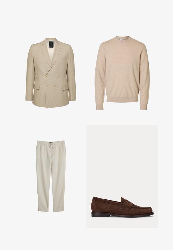 Blazer beige croisé à revers crantés, quatre boutons beiges, deux poches à rabat et une poche poitrine passepoilée.; Pull beige à manches longues et col rond en tissu tricoté doux, avec poignets et ourlet côtelés, conçu pour hommes.; Pantalon beige léger avec ceinture élastique, cordon à l'avant, poches latérales et coupe droite.; Mocassin penny en daim marron avec un petit talon et des coutures visibles le long de l'orteil, du côté et à l'arrière, présenté sur un fond clair uni.