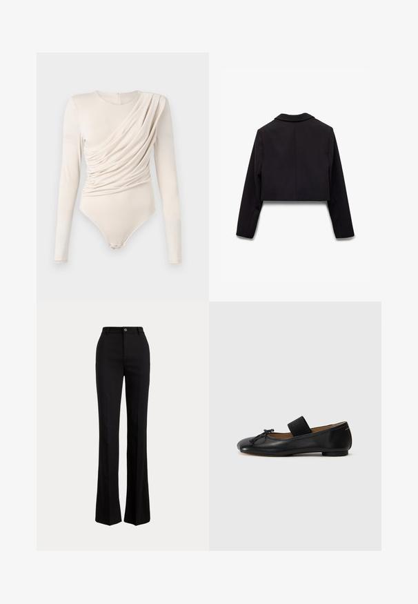 Sort cropped blazer med slagkrave, lange ærmer og glat stof uden synlige mønstre eller hardware. Vist bagfra.; Beige langærmet bodysuit med draperet front, glat tekstur og trykknaplukning nederst. Elegant og tætsiddende design.; Sorte højtaljede bukser med knap- og lynlåslukning, lige linning med bæltestropper og let udvidede ben.; Sorte læder ballet flats med en rund tå, en lille knude detalje og et elastisk bånd over vristen for en sikker pasform. Flad sål.