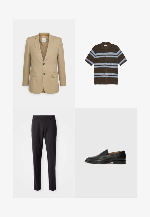 Khaki blazer vyrobený z textúrovanej tkaniny, s jednoradovým dizajnom, dvoma prednými vreckami a jemnými detailmi na klopách.; Pletený krátky kardigán s krátkym rukávom v tmavo hnedej farbe so svetlomodrými vodorovnými pruhmi. Má golierový výstrih a zapínanie na gombíky. Priesvitná textúra.; Čierne priliehavé nohavice so plochým predným dielom, úzkym strihom, pútkami na opasok a hladkou textúrou. Vhodné na formálne alebo business oblečenie.; Čierne kožené mokasíny s okrúhlou špičkou, jemným prešitím a nízkym podpätkom, s hladkou textúrou a minimalistickým dizajnom.
