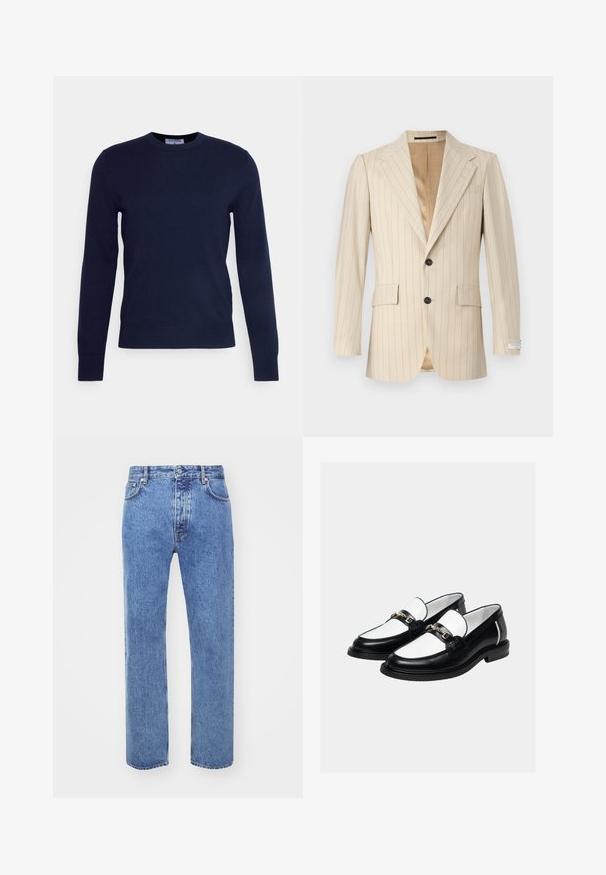 Tiger of Sweden JON - Veste de costume - ivory white; Pull à col rond bleu marine en tissu doux, avec des manches longues et un ourlet côtelé. Pas de motifs ni d'ornements visibles.; Won Hundred STEVE - Jean boyfriend - cut blue; Paire de mocassins en cuir noir et blanc avec un détail de chaîne dorée sur le dessus, sur un fond clair uni.