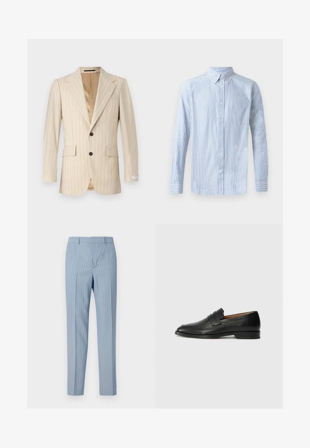 Tiger of Sweden JON - Veste de costume - ivory white; Chemise bleu clair à boutons, avec des rayures verticales blanches, manches longues et une poche poitrine. Présente un petit logo sur la partie inférieure.; Pantalons rayés bleu clair à coupe slim, dotés de rayures verticales blanches. Fabriqués à partir d'un tissu lisse avec un design ajusté.; Mocassin en cuir noir avec un bout arrondi, des coutures subtiles et un talon bas, présentant une texture lisse et un design minimaliste.