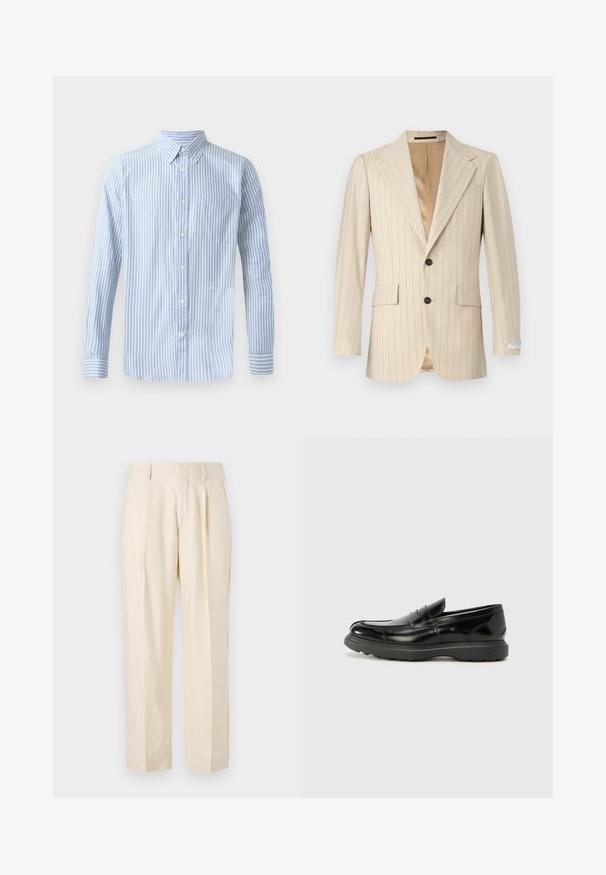 Tiger of Sweden JON - Jakkesæt blazere - ivory white; Lys blå skjorte med knapper og vertikale hvide striber, lange ærmer og en brystlomme. Har et lille logo på den nederste del.; NN.07 KAY - Bukser - off white; Sort læderloafer med en blank finish, rund tå, subtile syninger og en tyk gummisål for holdbarhed.
