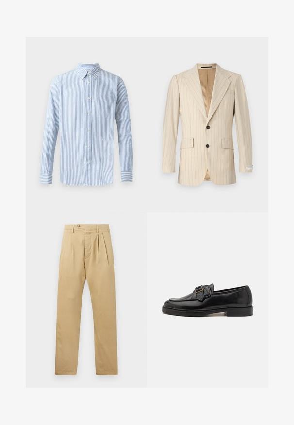 Tiger of Sweden JON - Jakkesæt blazere - ivory white; Lys blå skjorte med knapper og vertikale hvide striber, lange ærmer og en brystlomme. Har et lille logo på den nederste del.; CLOSED BERGEN TAPERED - Chino - beige; Sorte læder loafers med rund tå og en dekorativ spændeaccent. Flad, solid hæl og glat tekstur hele vejen igennem.