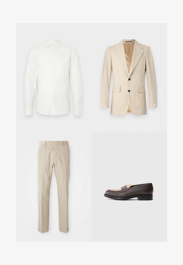 Tiger of Sweden JON - Veste de costume - ivory white; Chemise blanche à manches longues en tissu lisse, avec un col, une fermeture à boutons sur le devant et un ourlet droit avec des poignets.; Pantalons taillés beige en tissu texturé, avec un devant plat, des jambes droites et une taille traditionnelle avec passants de ceinture.; Mocassin en cuir marron avec tige en daim beige et semelle noire, présenté en vue de profil sur un fond clair.