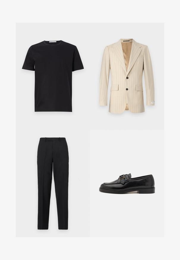 Tiger of Sweden JON - Jakkesæt blazere - ivory white; Sort bomulds T-shirt med rund hals, korte ærmer og en glat tekstur. Har et synligt mærkeetiket ved halsudskæringen.; Theory STRAIGHT - Bukser - deep black; Sorte læder loafers med rund tå og en dekorativ spændeaccent. Flad, solid hæl og glat tekstur hele vejen igennem.