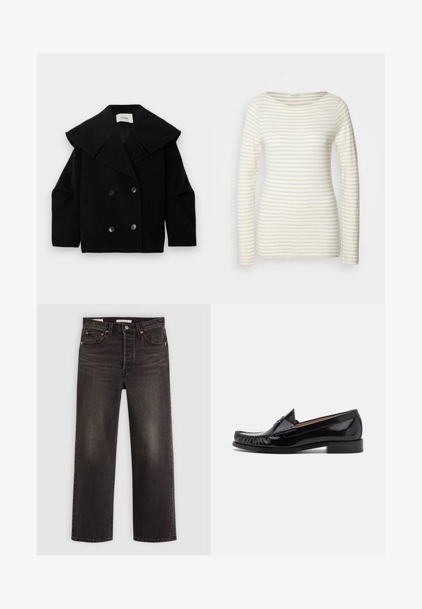 Sort dobbeltbrystet uldfrakke med oversized bred krave og fire knapper, præsenteret fladt mod en lys baggrund.; Stribet langærmet skjorte i en creme og beige bomuldsblanding, med rund halsudskæring og tætsiddende silhuet. Blød tekstur med subtile mønstre.; Sorte denim jeans med lige ben design. Har kobber nitter og lommer. Glat tekstur og let falmet finish.; Sorte læder moccasin sko med en skinnende finish, der har frynsedetaljer langs fronten og en lav stabelhælk.