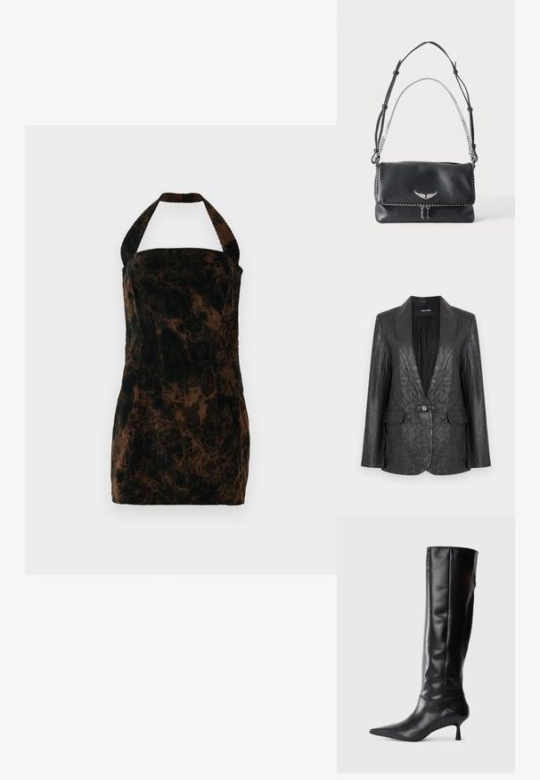 Sort krøllet læderblazer med en hakket revers, enkelt knaplukning og to forlommer. Tekstureret finish og skræddersyet design.; Brun fløjls halterneck kjole med en tætsiddende form og abstrakt mønster. Tekstureret stof og firkantet udskæring.; Sorte læder knæhøje støvler med spids tå og slank buet hæl. Glat tekstur, tætsiddende design og ingen synlig hardware eller mønstre.; Sort læder skuldertaske med sølv vingeemblem, justerbar læderrem og sølvkædehåndtag på ensfarvet baggrund.