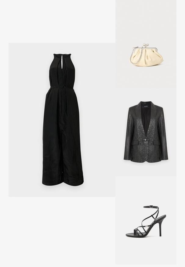 Blazer de cuero negro arrugado con solapa de muesca, cierre con un botón y dos bolsillos delanteros. Acabado texturizado y diseño entallado.; Mono negro con cuello halter, frente con abertura en forma de llave y cintura ajustada. Fabricado con un tejido suave y ligeramente texturizado, cuenta con un cinturón de lazo.; Sándalo negro de tacón alto con tiras finas, hebilla en el tobillo, superficie de cuero suave y tacón de aguja esbelto.; Clutch de cuero beige plisado con un marco de metal plateado, que cuenta con dos broches decorativos redondos y una correa de cadena plateada.