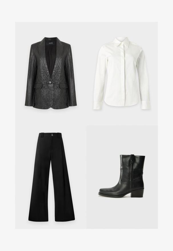 Sort krøllet læderblazer med en hakket revers, enkelt knaplukning og to forlommer. Tekstureret finish og skræddersyet design.; Hvid skjorte med lange ærmer, skjulte knapper, spids krave og figursyet pasform ved taljen.; Sorte bredbenede bukser lavet af glat stof, med høj talje, plisseringer og et logo bagpå. Rent, skræddersyet design uden mønstre.; Sort læder ankelstøvle med rundt tå, blokhæl, lynlås i siden og stikninger på vampsiden. Glat tekstur, klassisk design.