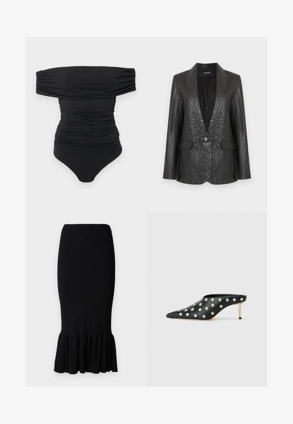 Sort krøllet læderblazer med en hakket revers, enkelt knaplukning og to forlommer. Tekstureret finish og skræddersyet design.; Sort off-shoulder ruched bodysuit med trykknapper i skridtet, lagt fladt på en hvid baggrund.; Sort ribbet blyantskirt med en flæset, udvidet kant. Stofmaterialet er elastisk, tætsiddende over hofterne og har en glat taljebånd.; STAND STUDIO KELSEY - Mules med hæl - black