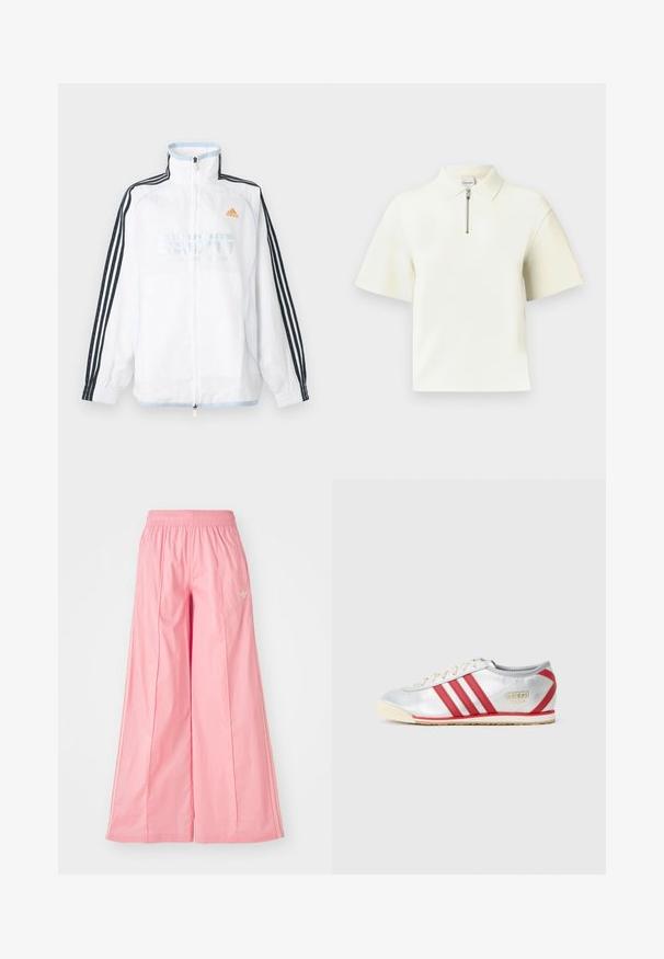Hvid Adidas lynlåsjakke med høj krave, sorte ærmer med tre striber og orange logo på brystet.; Kortærmet polo i hvid med lynlåslukning ved kraven, glat stof, moderne snit og afslappet pasform. Enkel og ren design.; Lyserøde brede bukser lavet af let materiale, med elastisk talje og diskrete hvide side striber. Lille logo på fronten.; Adidas sneakers med en sølv syntetisk overdel, tre røde striber, beige sål og et guld logo på siden, med et lavprofil design.