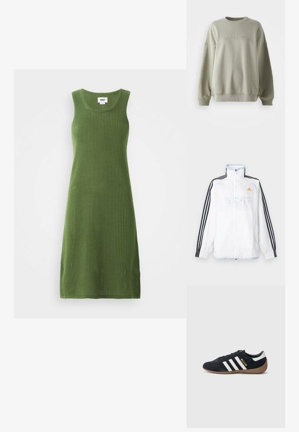 Veste zippée Adidas blanche avec col montant, manches noires à trois bandes et logo orange sur la poitrine.; Sweatshirt vert olive en tissu doux, avec un col rond, des épaules tombantes et un logo adidas blanc en relief à l'avant.; Robe sans manches en maille de couleur olive avec une texture côtelée, dotée d'un col rond et de fentes latérales pour plus de liberté de mouvement.; Baskets en daim noir avec trois bandes blanches, semelle en caoutchouc beige, et un petit logo doré sur le côté. Dotées d'une doublure intérieure noire lisse.