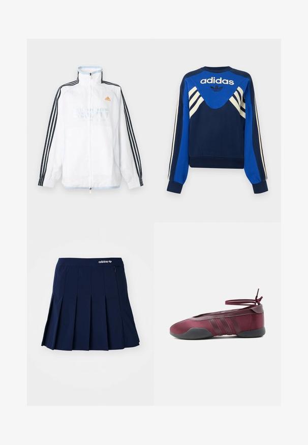 Biela bunda Adidas na zips s vysokým golierom, čiernymi rukávmi s tromi pruhmi a oranžovým logom na hrudi.; Námornícka a modrá mikina Adidas s bielymi pásikmi na rukávoch a na hrudi, s logom Adidas a dizajnom trojlístka na prednej strane.; Námornícky skládací sukňa vyrobená z ľahkého materiálu; má elastický pás a malú zipsovú kapsu, s bielym logom Adidas vpredu.; Burgundské balerínky s čiernou podrážkou, elastickými remienkami na členku zviazanými do mašle a prešívanými detailmi na bokoch, zobrazené z vonkajšej strany.